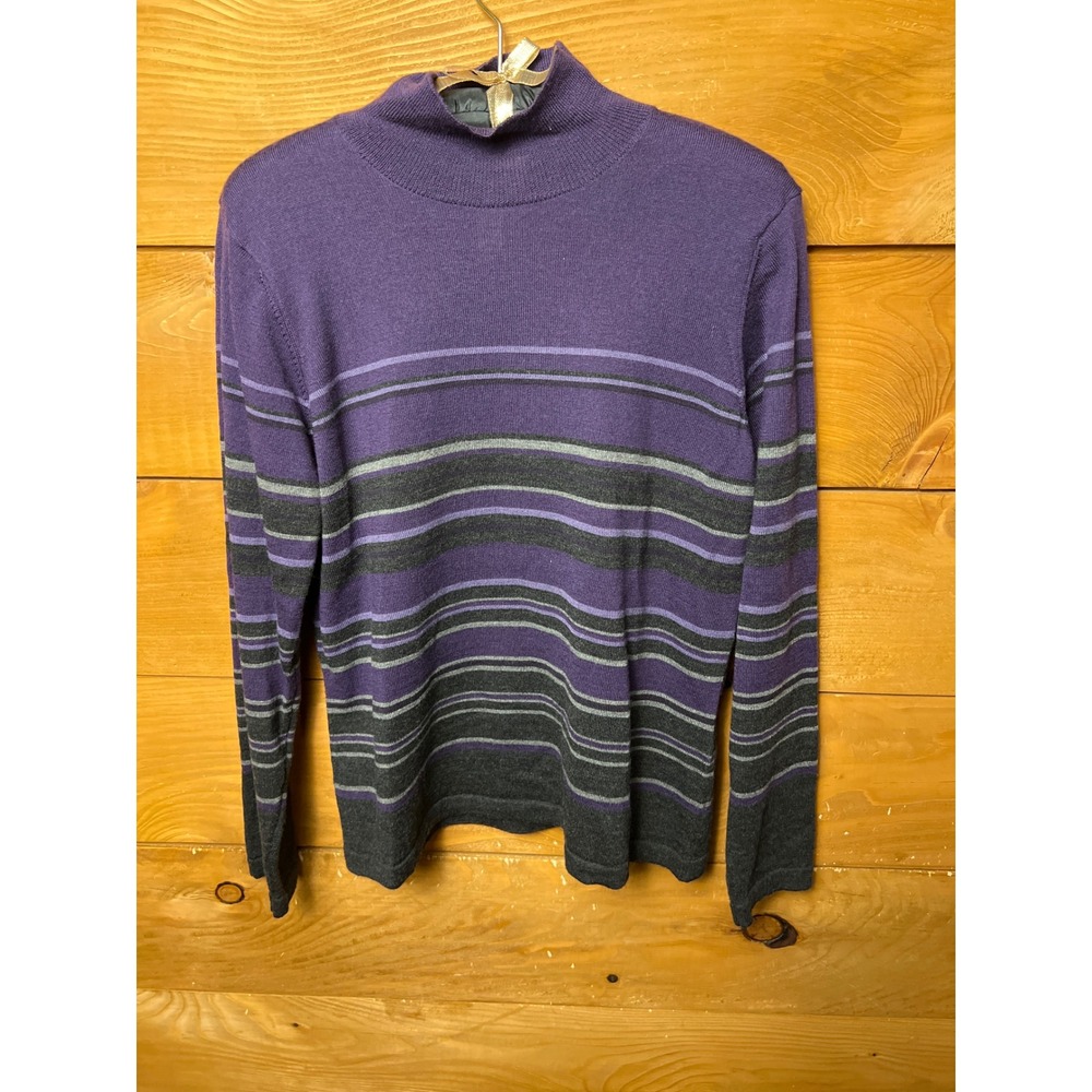 Talbots Womens Purple Gray Striped Mock‎ Neck Merino Wool Sweater Made Italy Med